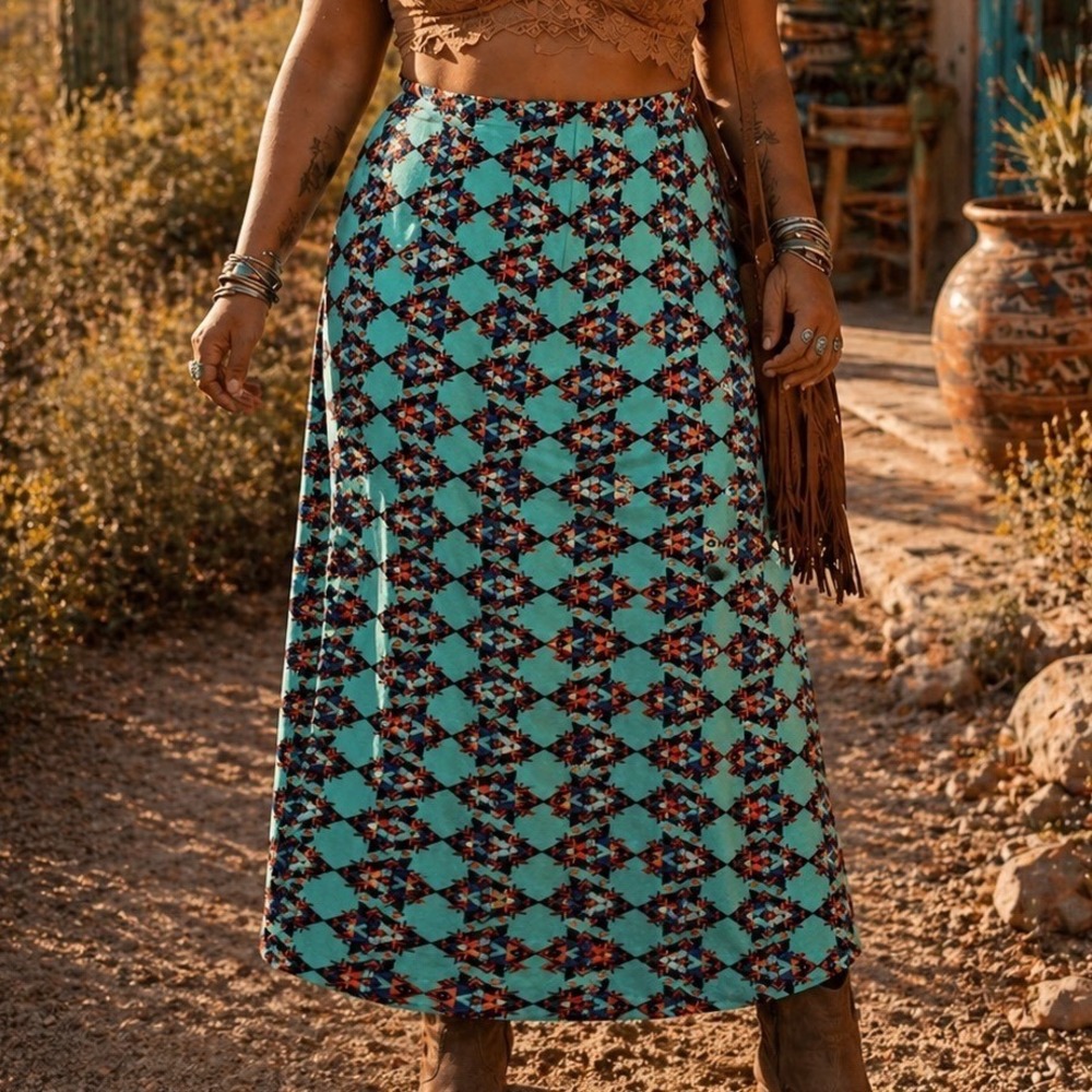 LuLaRoe Maxi Skirt Womens XL Teal Green Geometric Southwestern Diamond Print XL